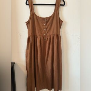 Midi warm brown dress 100% linen lined side pockets 38- 41 inch bust